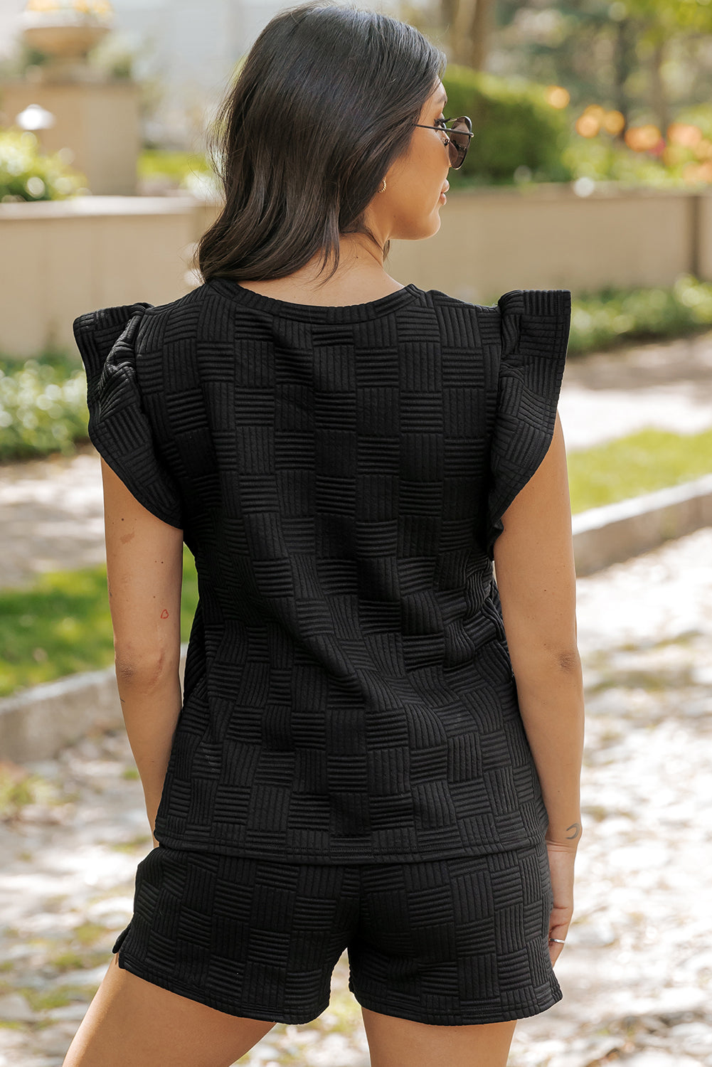 Threaded Pear Pearl Textured Ruffled Sleeve Tee and Shorts Set