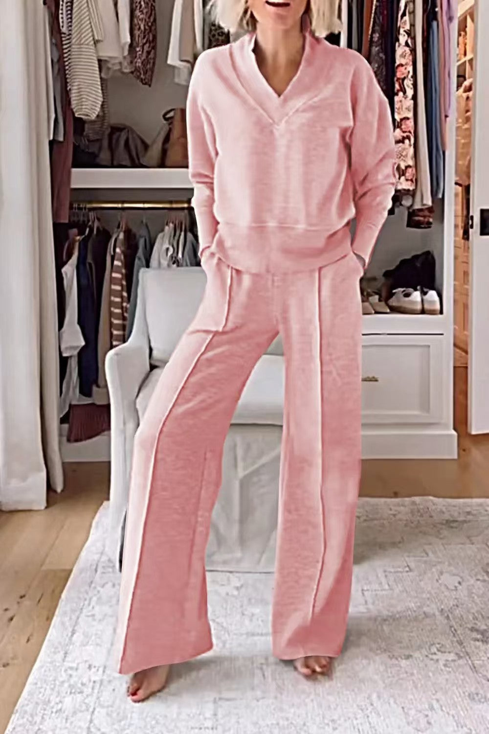 Women's Pullover Suit Casual Collared Long-Sleeved V-neck Top And Loose Straight-Leg Pants Fashion Sweatshirt Sport Trousers Set