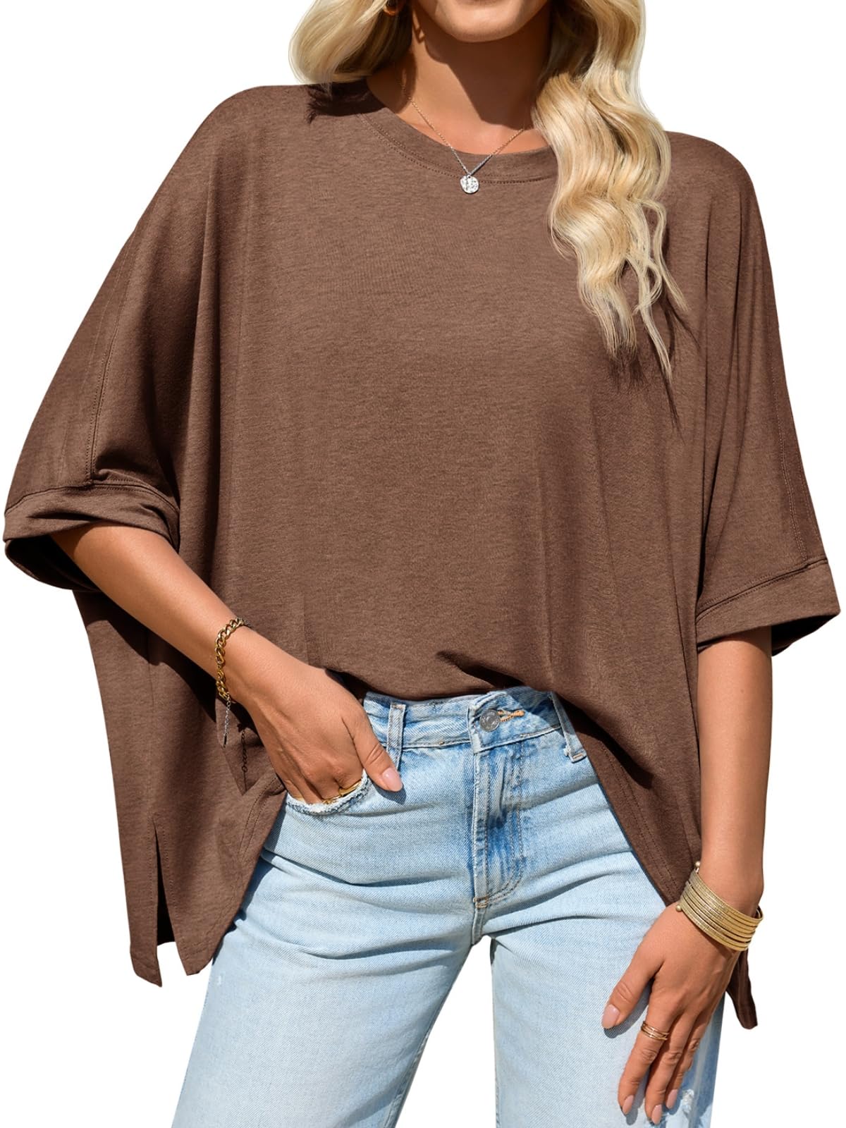 Womens Oversized Tshirts Batwing Short Sleeve Asymmetric Hem Tops