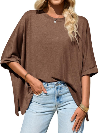 Womens Oversized Tshirts Batwing Short Sleeve Asymmetric Hem Tops
