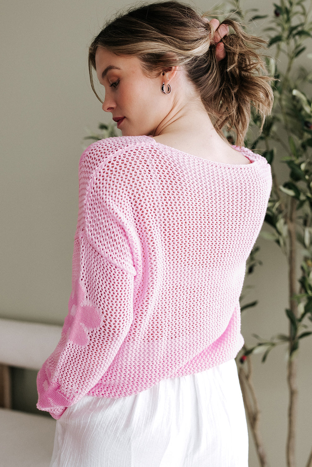 Threaded Pear Dulce Big Flower Hollowed Knit Drop Shoulder Sweater