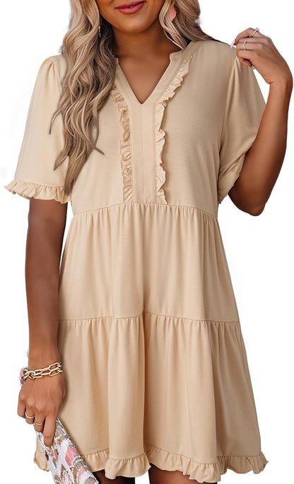 ✨Womens Dresses  V Neck Short Sleeve Casual A Line Flowy Swing Shift Dress
