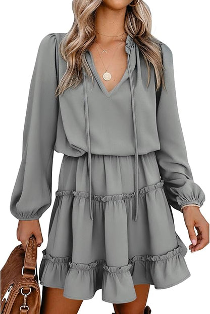 ✨Women's Tie Neck High Waist Layered Ruffle Waist Mini Dress