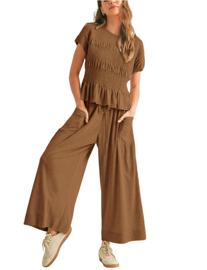 Women's Pleated Top Wide Leg Pants Set with Pockets