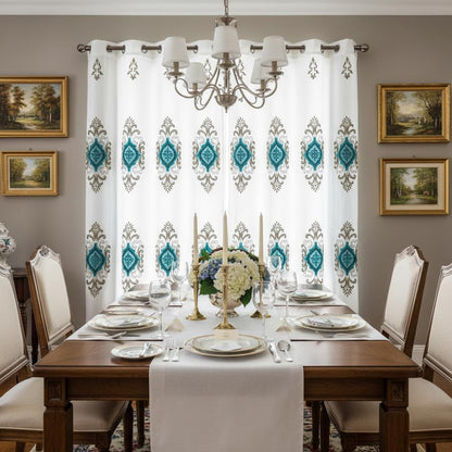 Embroidered Medallion Curtain Set – 2 Panel Window Drapes with Attached Backing & Matching Valance