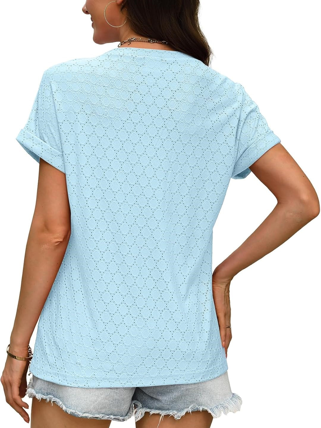 ✨Women's V Neck Eyelet Dressy Casual Basic Short Sleeve Tees