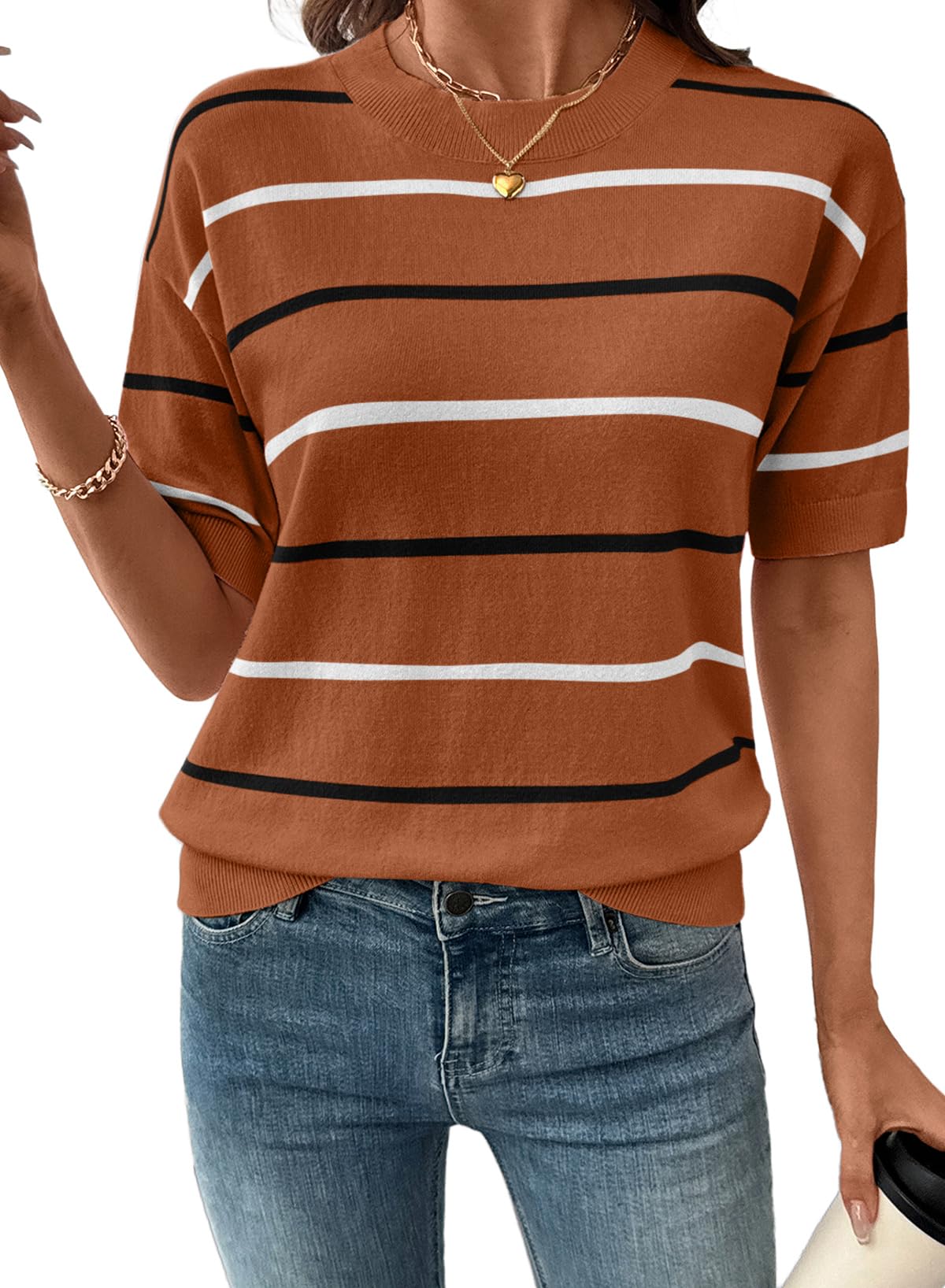 Womens Tops Crewneck Short Sleeve Sweater Pullover Knit Striped Shirt Spring Outfits for Women 2026