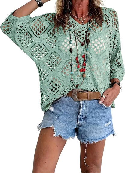 Womens Bohemian-Inspired Beige Crochet Top with V-Neck