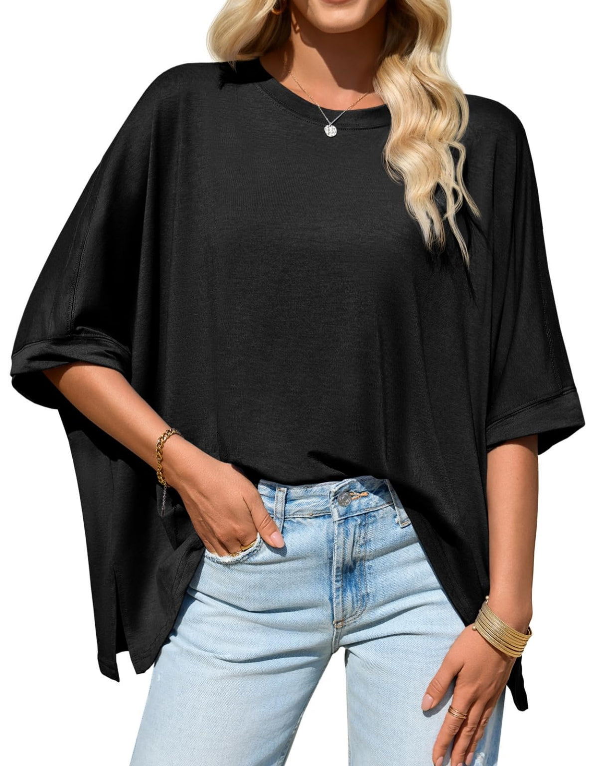 Womens Oversized Tshirts Batwing Short Sleeve Asymmetric Hem Tops