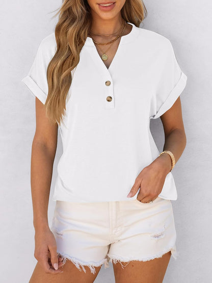 ✨Women's V Neck Button Casual Loose Fit Short Sleeve Henley Tops
