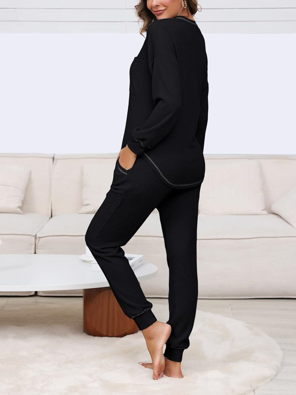 ✨V Neck Waffle Knit Sleepwear Top and Pant Lounge Sets