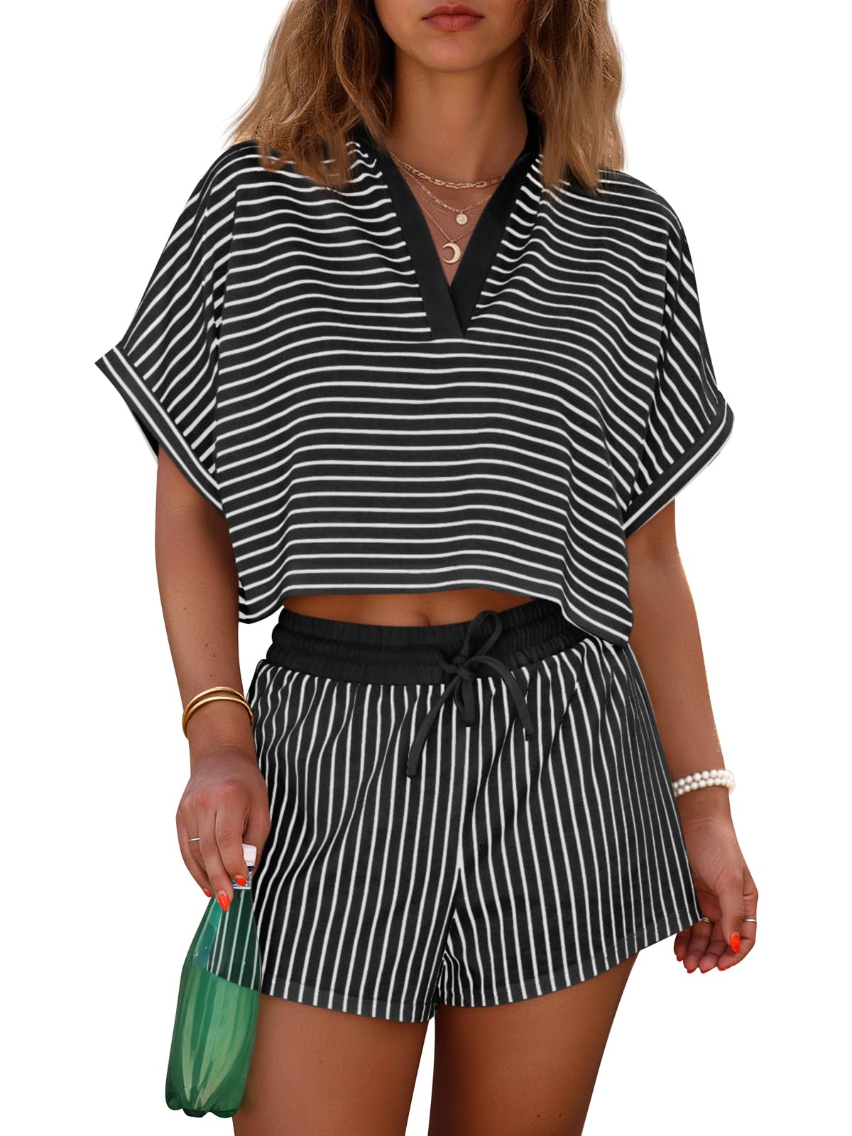 Womens Striped 2 Piece Short Sets Summer Short Sleeve Collared