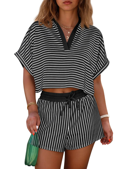 Womens Striped 2 Piece Short Sets Summer Short Sleeve Collared