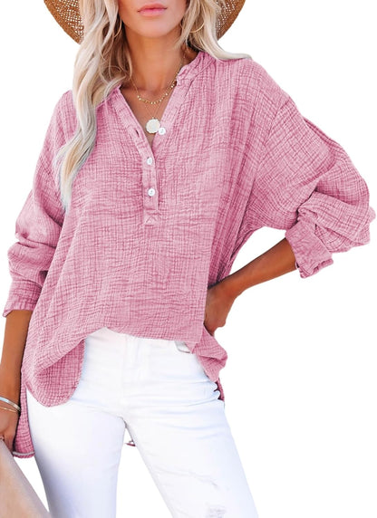 ✨Womens Casual Gauze Button Neck Long Sleeve Oversized BlousesTops