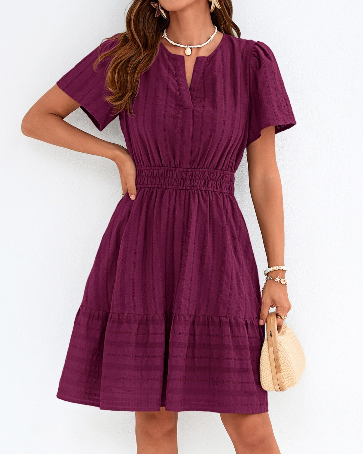Women's V-Neck Elastic Waist Tiered Mini Dress