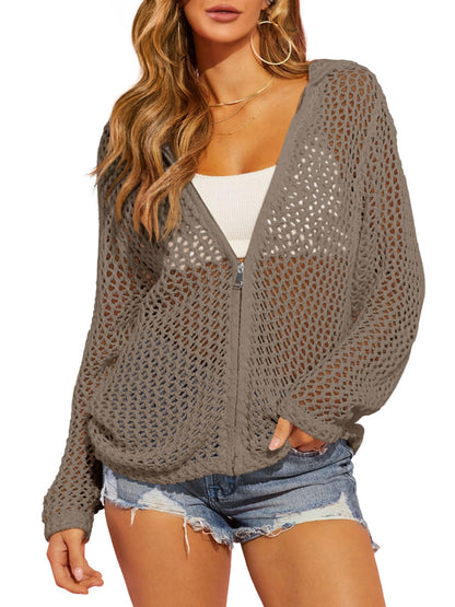 Womens Crochet Lightweight Cardigans Zip Up Hooded Cover Up