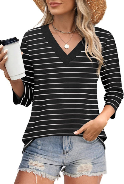 ✨Women's Trendy V Neck 3/4 Long Sleeve Tops Loose Fit Blouse