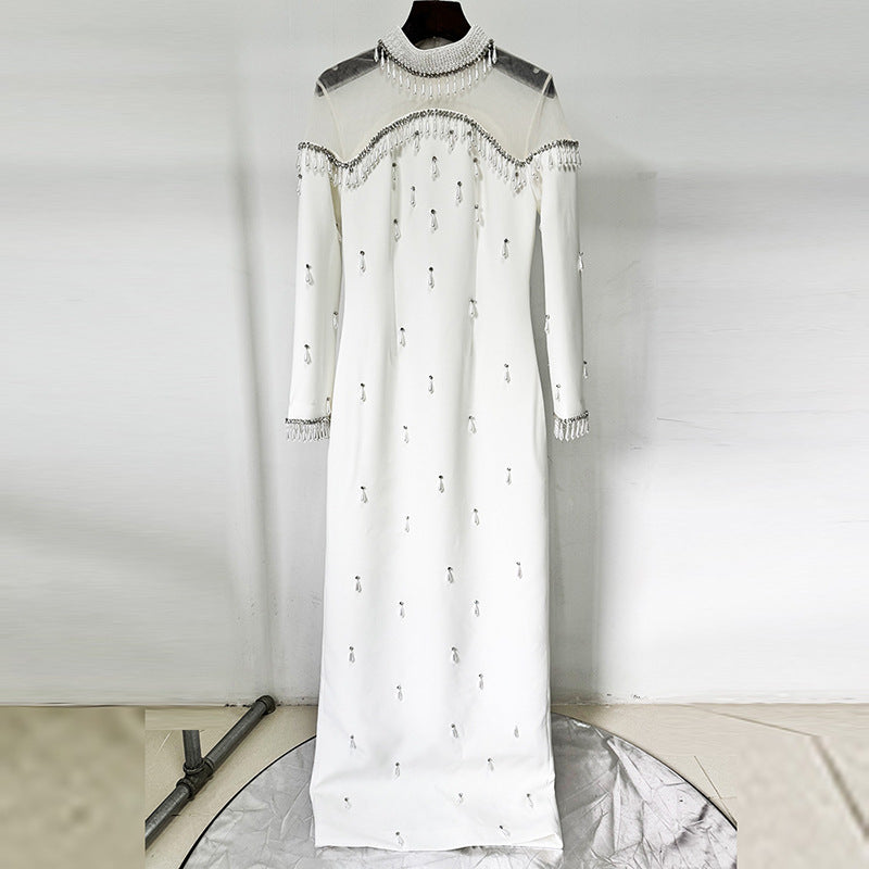 Women’s Heavy Duty Pearl & Diamond Embellished Long Dress | High-Sense Mesh Panel Evening Gown | Trendy Minimalist Couture Gala Dress | Luxury-Label Statuesque Radiant Ceremony Wear | 2026 High-Fashion Emerald-Luxe Essential