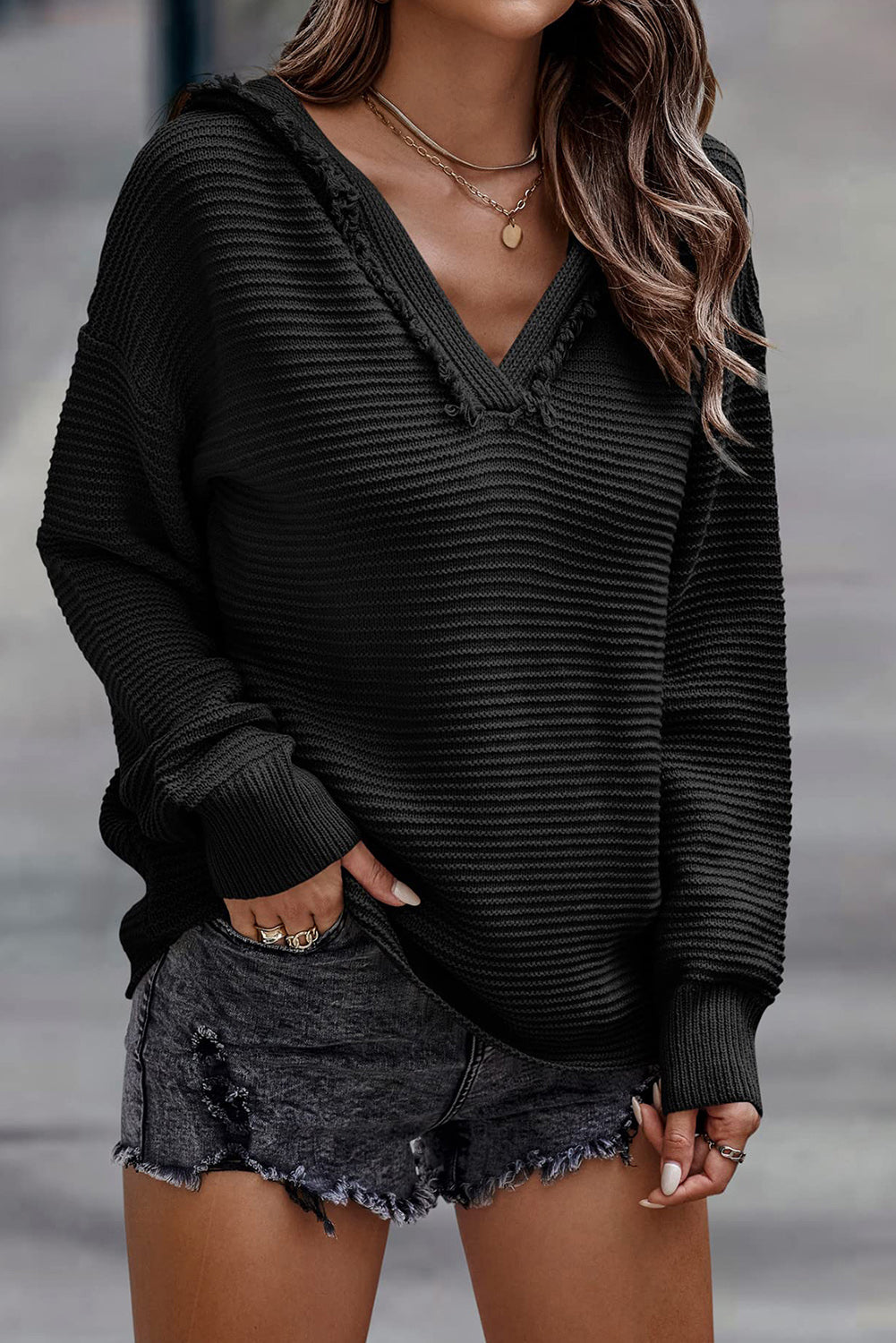 Threaded Pear Collins V Neck Ribbed Drop Shoulder Hooded Sweater