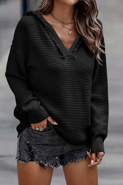 Threaded Pear Collins V Neck Ribbed Drop Shoulder Hooded Sweater