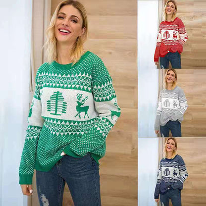 Women’s Christmas Elk Geometric Print Sweater | Cute Reindeer Knitted Winter Pullover | Nordic Style Festive Graphic Jumper | Cozy Holiday Crewneck Knitwear
