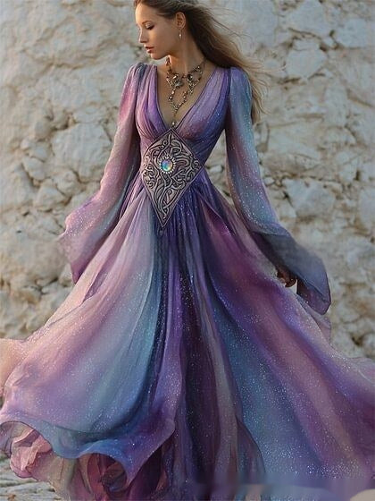 Women’s Retro Bohemian Rose-Embroidered Maxi Dress | Loose Fit Vintage Linen Gown | Ethnic Style V-Neck Summer Travel Dress | Flowy Embroidered Boho Dress for Women