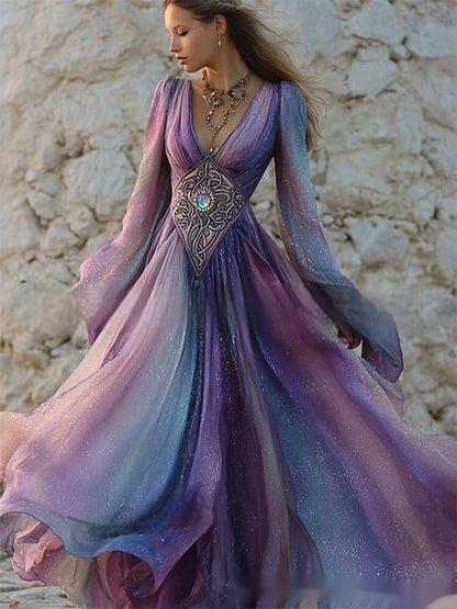 Women’s Retro Bohemian Rose-Embroidered Maxi Dress | Loose Fit Vintage Linen Gown | Ethnic Style V-Neck Summer Travel Dress | Flowy Embroidered Boho Dress for Women