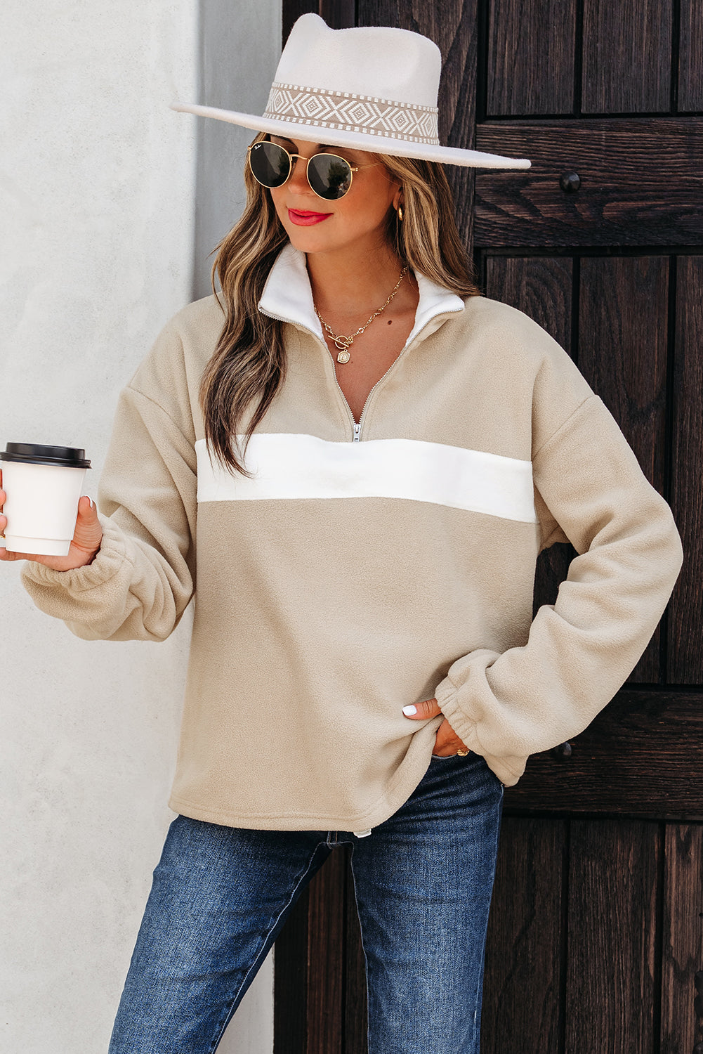 Threaded Pear Nicole Colorblock Patchwork Zipped Pullover