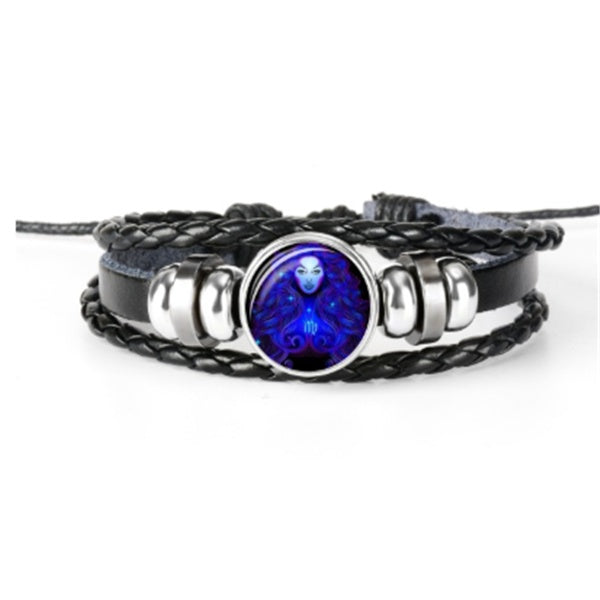 12 Zodiac Constellation Luminous Bracelet | Handmade Braided Leather Astrology Bracelet | Glow-in-the-Dark Birthday Gift for Men, Women & Kids
