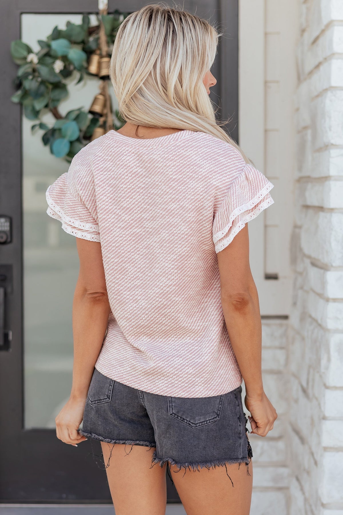Threaded Pear Amanda Ruffled Short Sleeve Blouse
