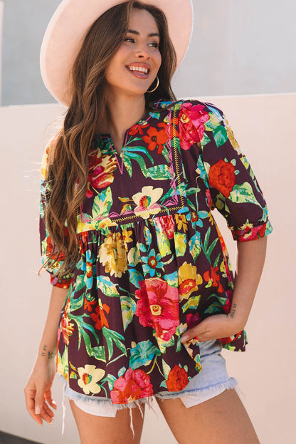 Threaded Pear Adhara Flower Embroidered Trim Half Sleeve Blouse