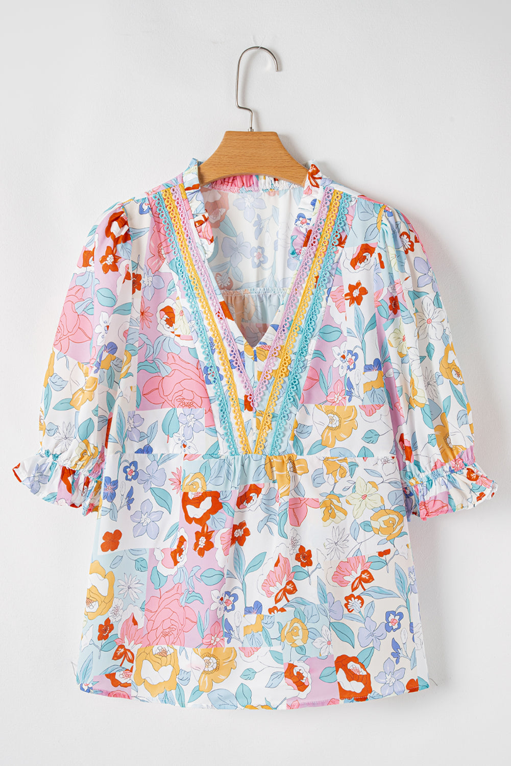 Threaded Pear Solana Boho Flower Half Puff Sleeve Blouse