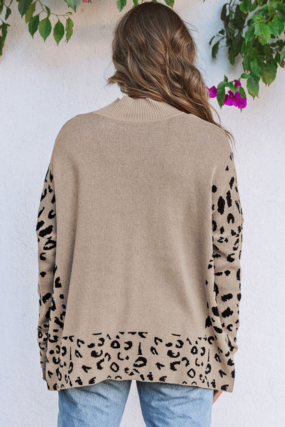 Threaded Pear Sarai Leopard High Neck Side Slit Oversized Sweater