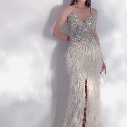 Women’s Feather Temperament High-End Evening Dress | Elegant Formal Gala Gown with Slit | Luxury Ostrich Feather Trim Party Dress | Modern High-Sense Floor Length Wedding Guest Gown | 2026 Couture Fashion Collection