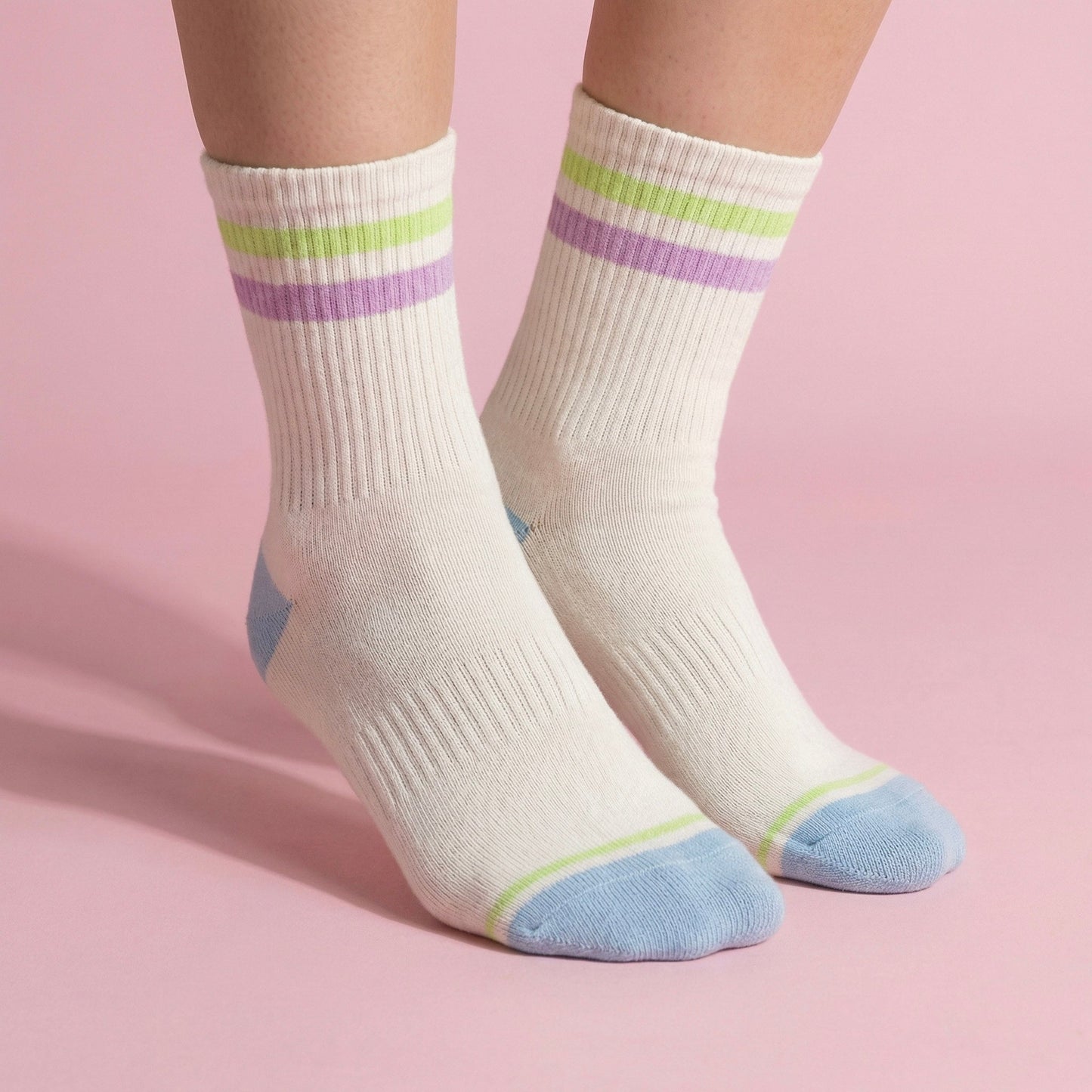 Anna-Kaci Women's 2-Pair Set Crew Athletic Socks with Striped Cuffs and Full Sole Grip for Yoga Fitness