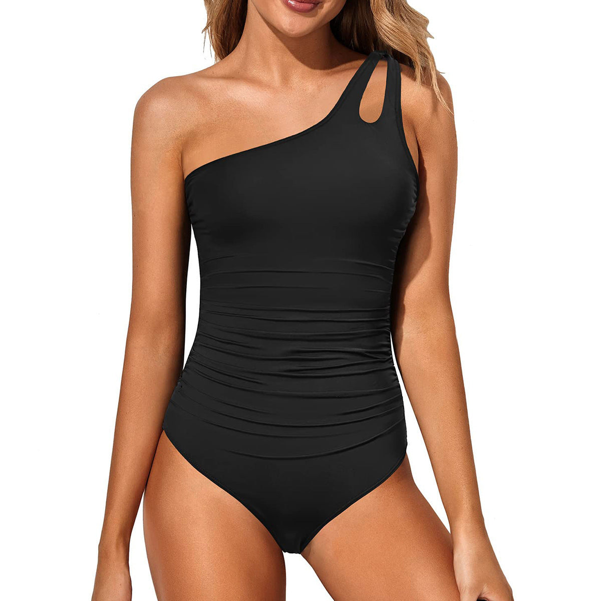One-Piece Swimsuit for Women with Asymmetrical Shoulder Cutout Design for Hot Spring Wear