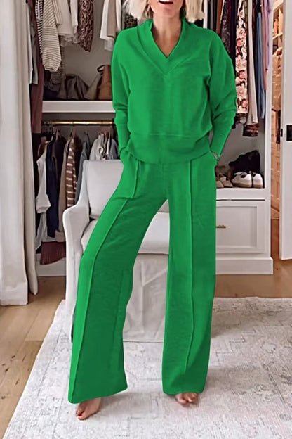 Women's Pullover Suit Casual Collared Long-Sleeved V-neck Top And Loose Straight-Leg Pants Fashion Sweatshirt Sport Trousers Set