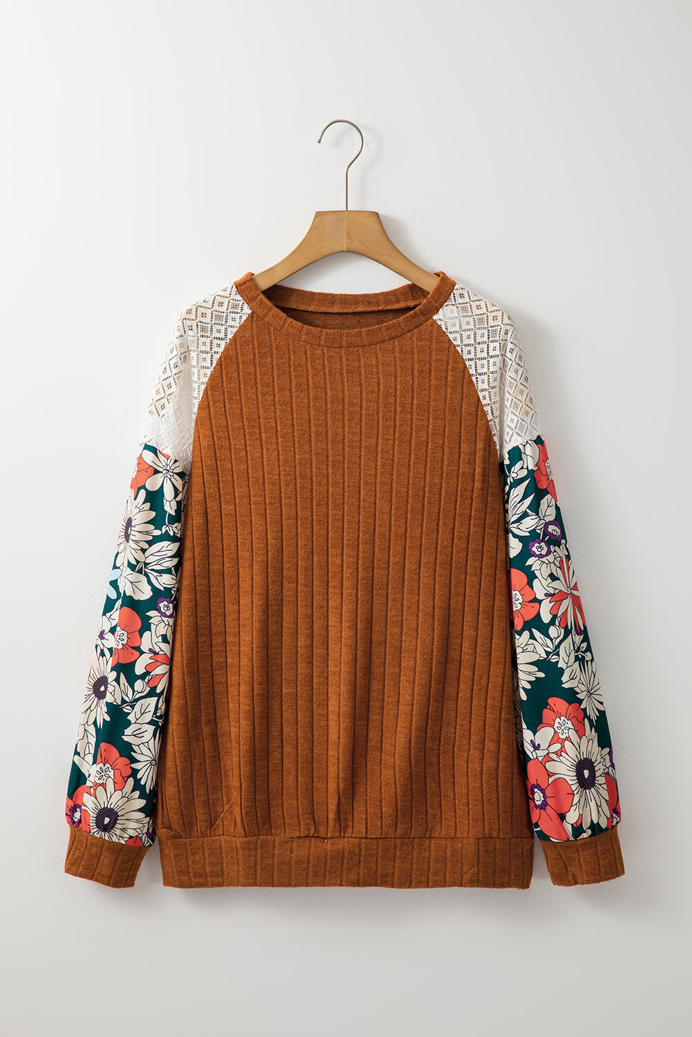 Threaded Pear Bailey Patchwork Long Sleeve Ribbed Blouse
