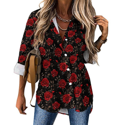 Colores De Mexico Romantic Red Roses Button Up Blouse