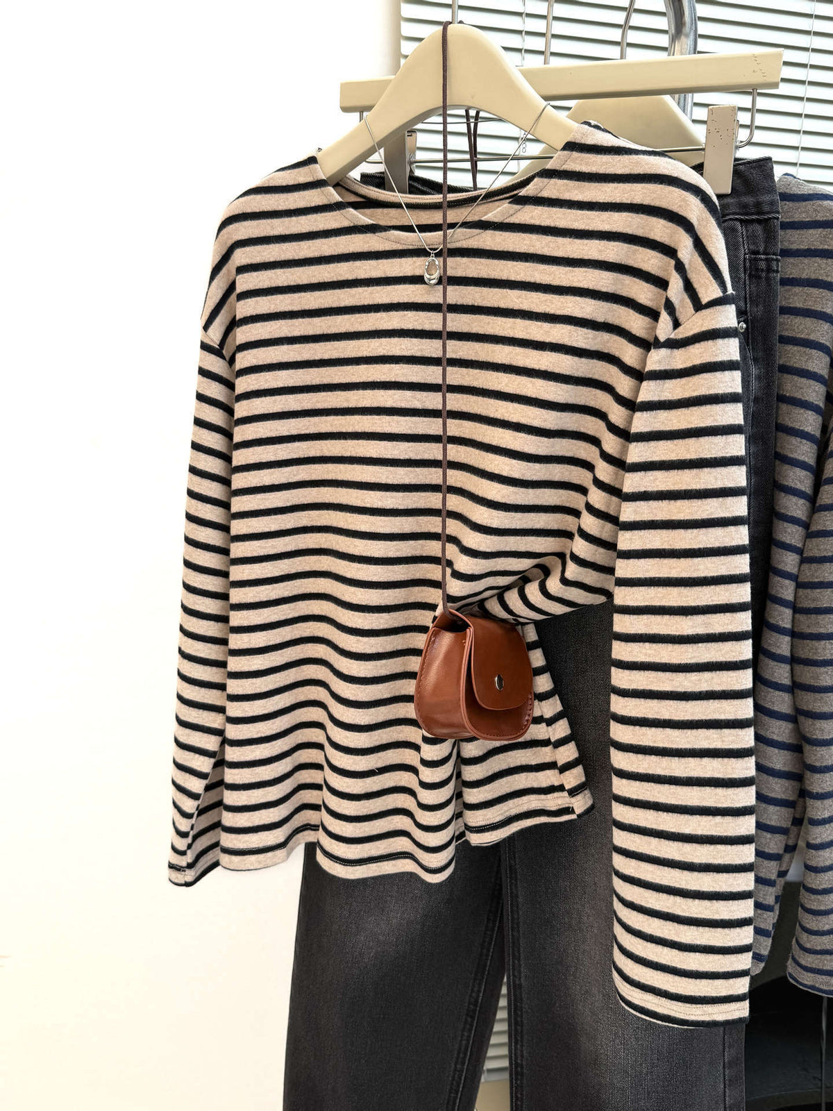 Style Brushed Long Sleeve T-Shirt for Women Plus Size Loose FitInner Wear or Outer Wear Striped