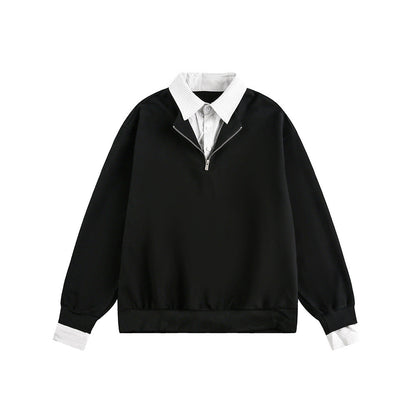 Checkered Spliced Mock Two-Piece Old Money Style Polo Neck Pullover Hoodie