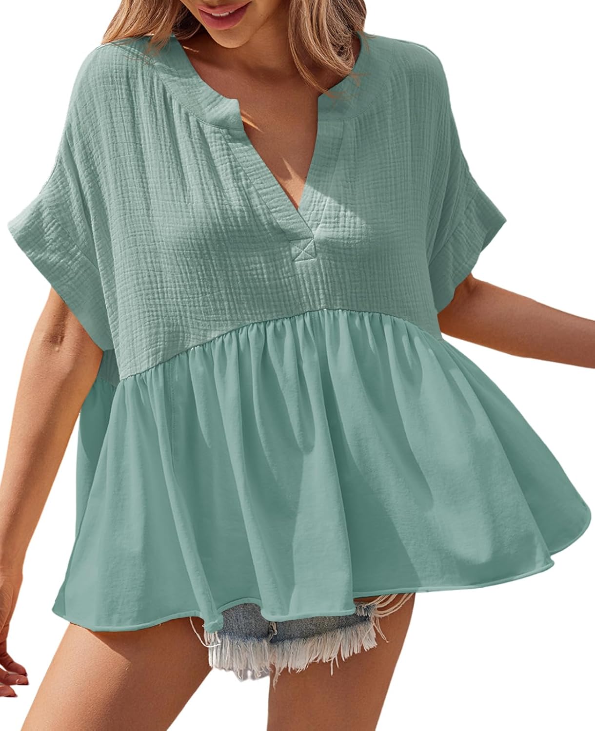 Womens Summer Babydoll Tops V Neck Short Sleeve