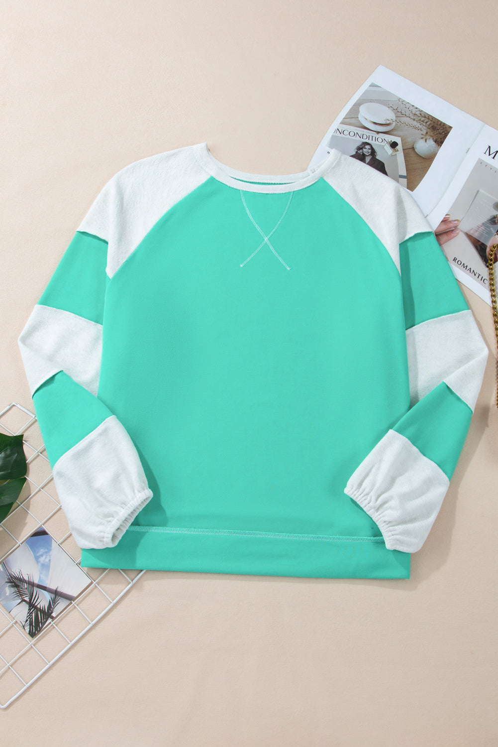 Threaded Pear Aruba Blue Colorblock Patchwork Cross Seam Plus Sweatshirt