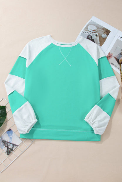 Threaded Pear Aruba Blue Colorblock Patchwork Cross Seam Plus Sweatshirt