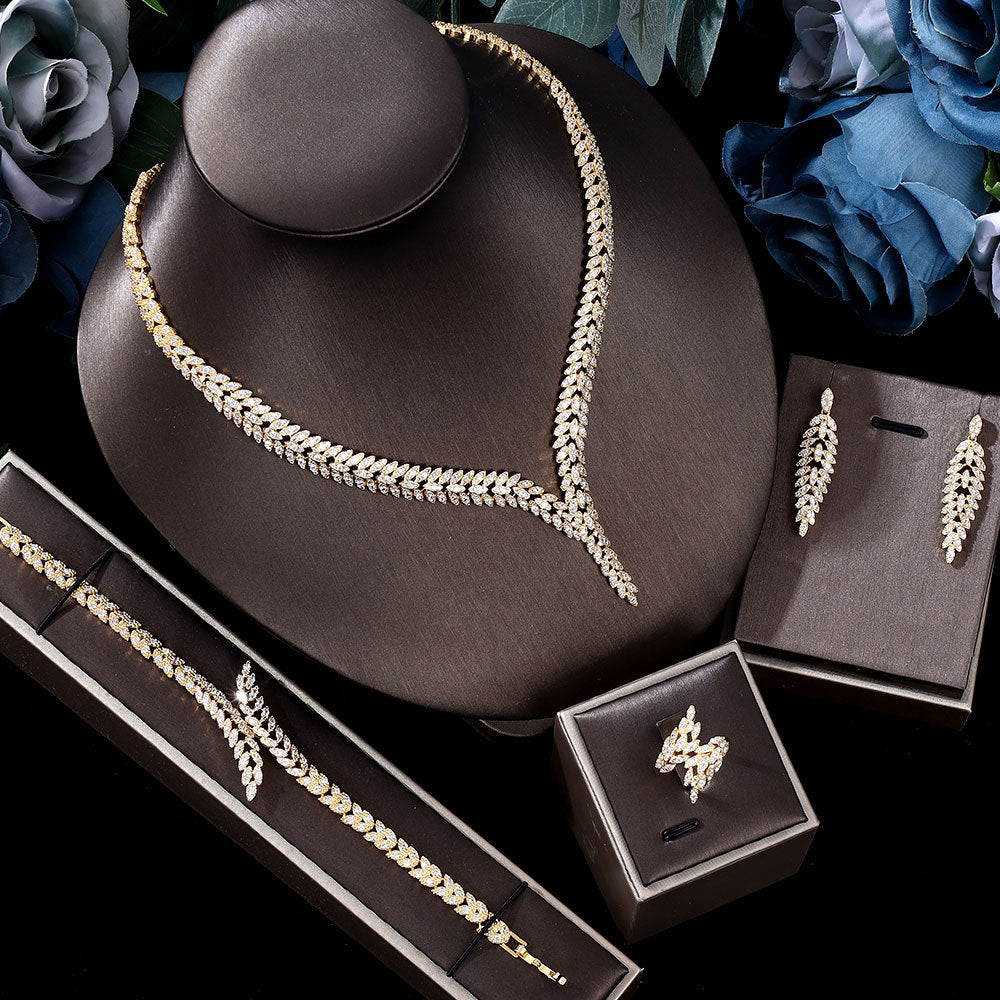 4-Piece 3A Zircon Bridal Jewelry Set | Micro-Set Full Crystal Necklace, Earrings, Bracelet & Ring | Luxurious Wedding & Banquet Jewelry for Women