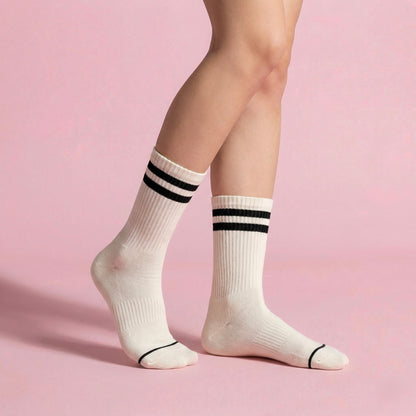 Anna-Kaci Women's 2-Pair Set Crew Athletic Socks with Striped Cuffs and Full Sole Grip for Yoga Fitness