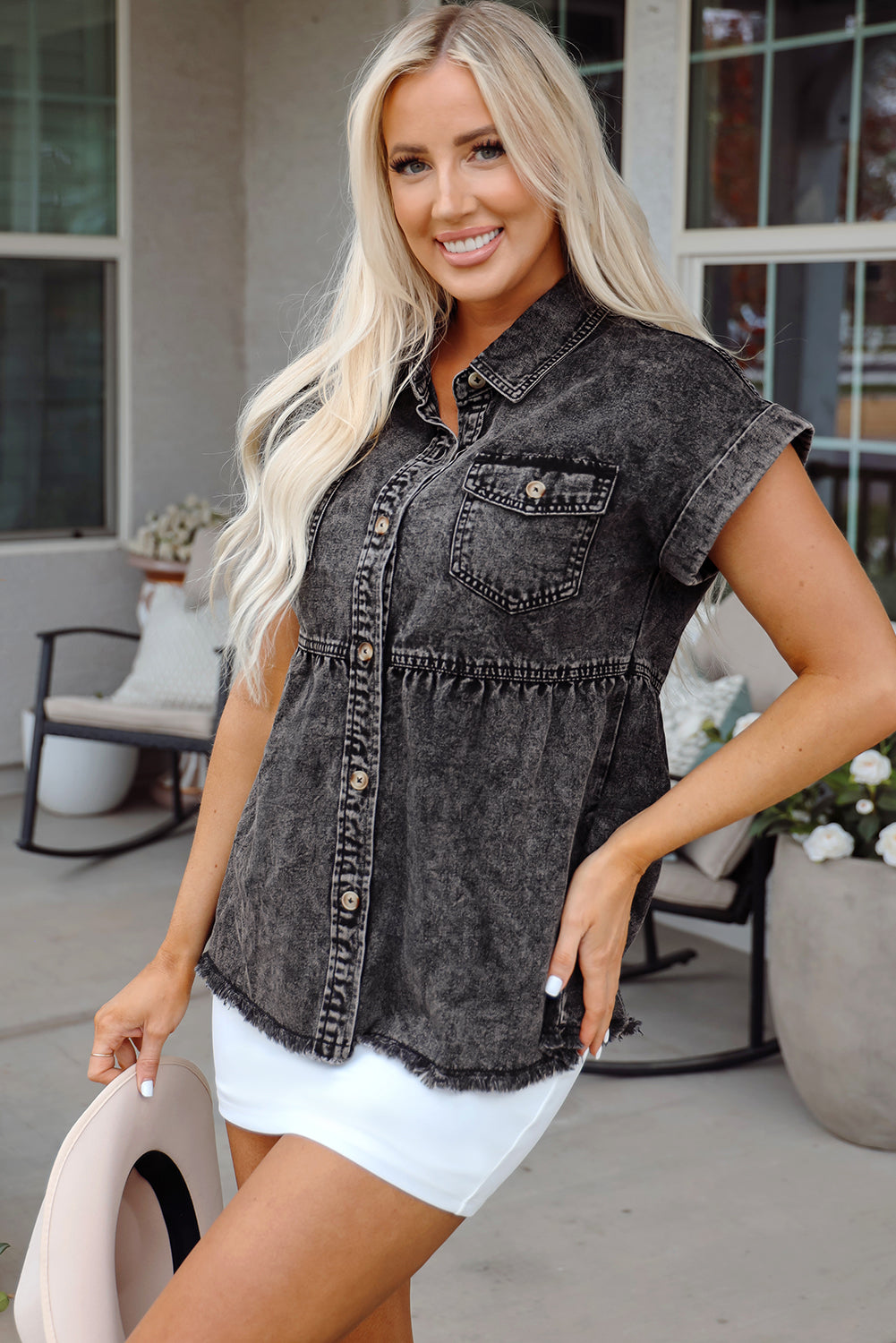 Threaded Pear Chaya Flap Pocket Button Up Raw Hem Denim Shirt