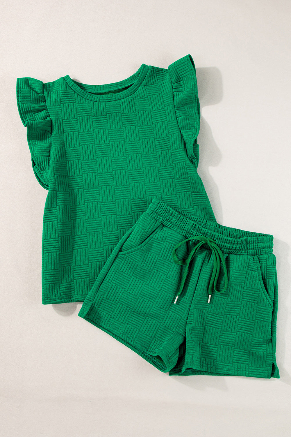 Threaded Pear Pearl Textured Ruffled Sleeve Tee and Shorts Set