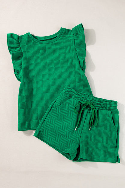 Threaded Pear Pearl Textured Ruffled Sleeve Tee and Shorts Set