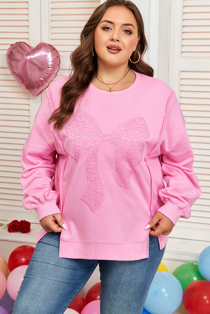 Threaded Pear Pink Big Bow Lace Embroidered Dolman Sleeve Slit Plus Size Sweatshirt